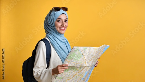 young arabic woman Traveler in  Hijab Exploring with a Map