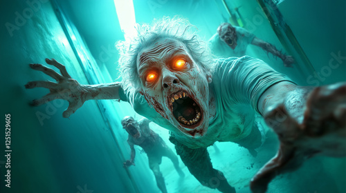 A group of three zombies with glowing eyes and decayed features lurch towards the viewer in a dark corridor, creating a chilling atmosphere of horror and suspense