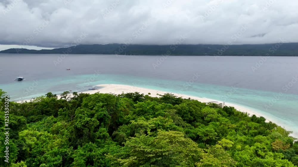 Mantique Island Aerial flight Tropical sandbar paradise lush green foliage white sand crystal clear water Mantique Island Aerial flight Tropical sandbar paradise lush green foliage white sand crystal clear water
