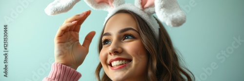 Young woman wearing bunny ears smiles while enjoying festive atmosphere at a seasonal celebration photo