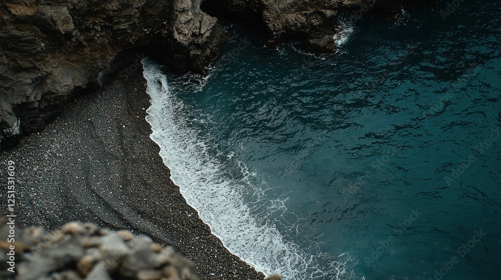 Volcanic beach cove, waves crashing, coastal view, exploring Volcanic beach cove, waves crashing, coastal view, exploring