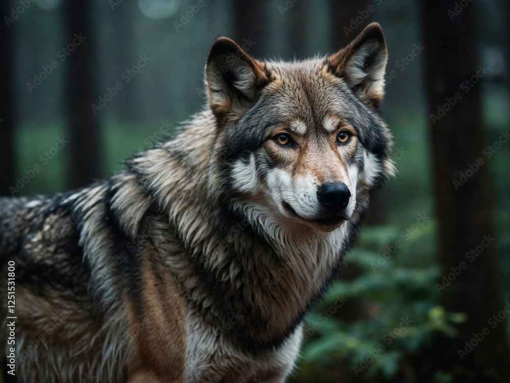 Fototapeta premium AI-generated image of a majestic wolf with piercing eyes and detailed fur. Perfect for wildlife, nature, and wilderness-themed stock photography.