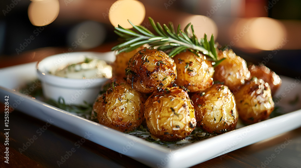 Roasted petite potatoes topped with rosemary, served with creamy dipping sauce on white square plate. Elegant gourmet food. Roasted petite potatoes topped with rosemary, served with creamy dipping sauce on white square plate. Elegant gourmet food.