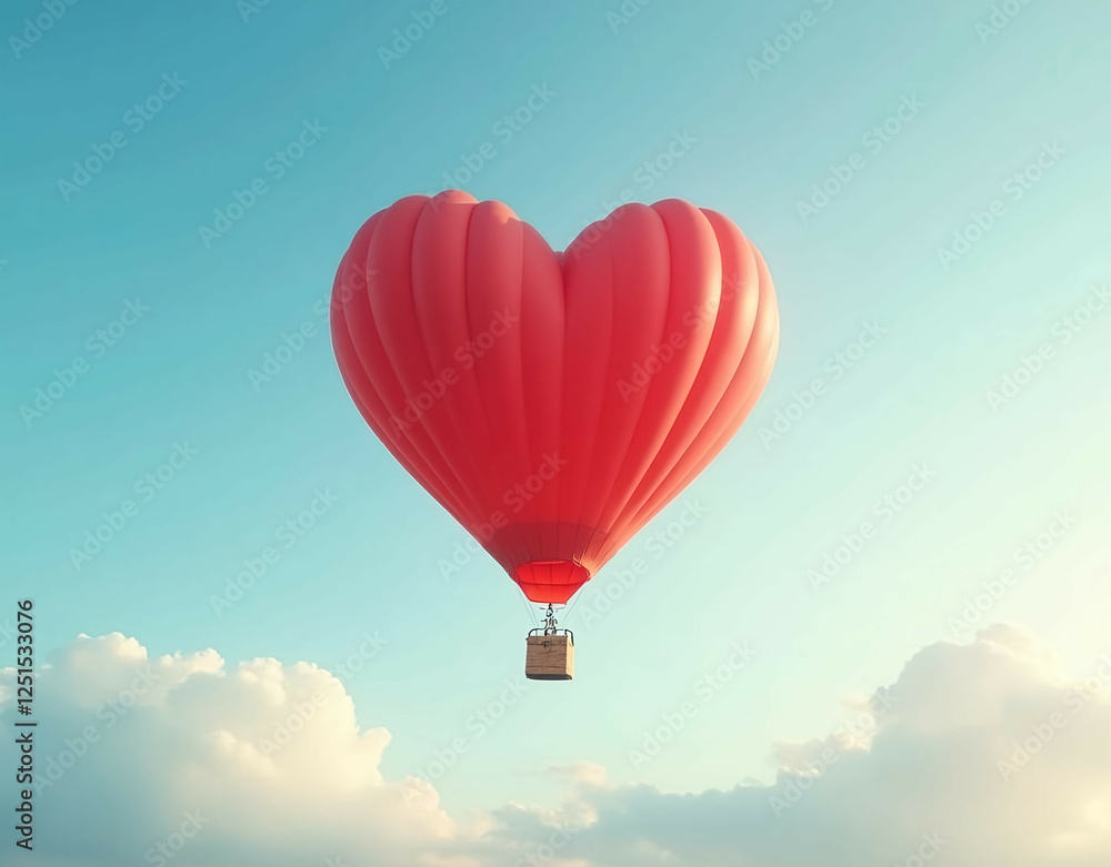 A red heart-shaped hot air balloon floating in the sky. Generative AI A red heart-shaped hot air balloon floating in the sky. Generative AI