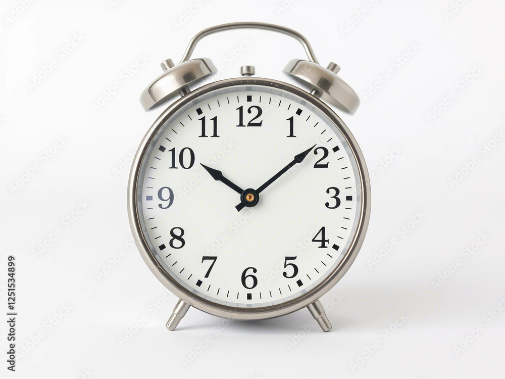 Analog alarm clock on white background, showing the time clearly. Ideal for time management and scheduling content, emphasizing punctuality and organization. Analog alarm clock on white background, showing the time clearly. Ideal for time management and scheduling content, emphasizing punctuality and organization.