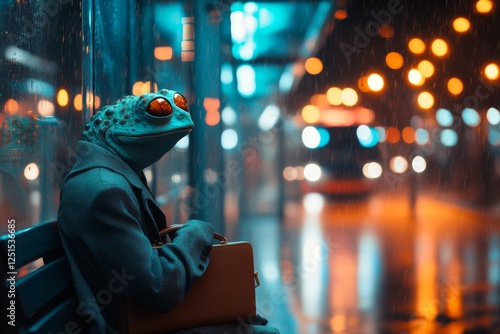 Frog in a coat waits at a bus stop during a rainy night with city lights shimmering in the background photo