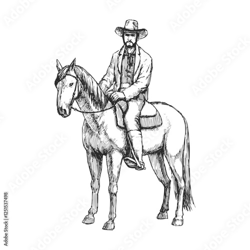 Vector hand-drawn illustration of vintage cowboy on horse. Black and white sketch of horseman. Wild West