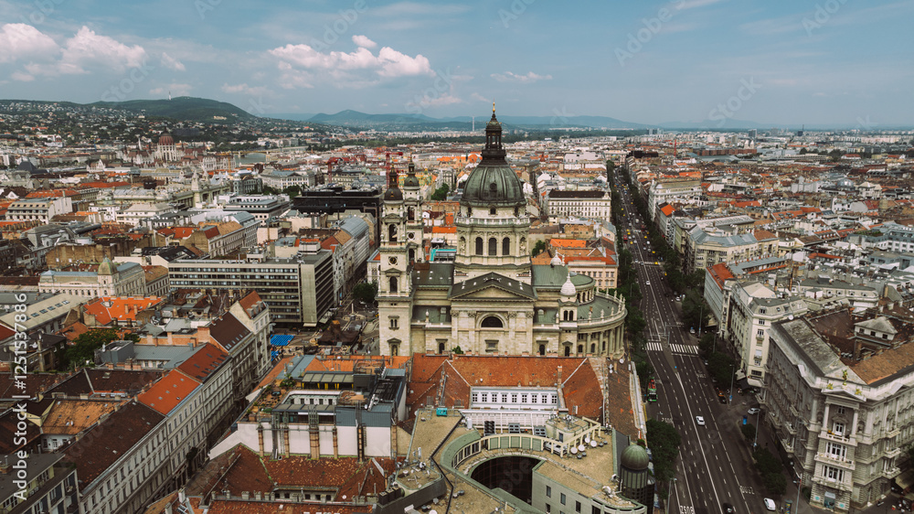 Naklejka premium Establishing Aerial view of Budapest Cityscape - Hungary Capital Skyline at daytime
