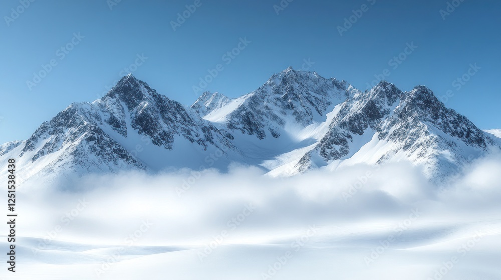 Fototapeta premium Snowy mountain peaks above cloudscape, winter landscape