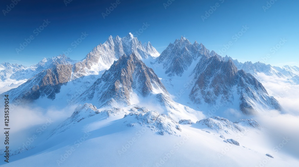 Obraz premium Snowy mountain range aerial view, winter landscape, clear sky