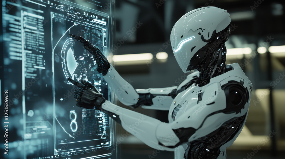 Fototapeta premium Futuristic humanoid robot interacting with advanced virtual interface in high-tech environment for cutting-edge technology exploration