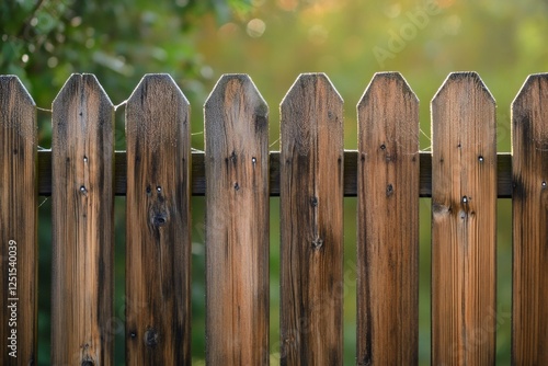 Spider web intricately decorating a wooden fence, glistening with morning dew under the warm glow of sunrise in a tranquil countryside