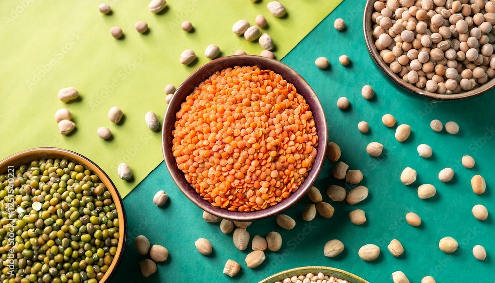 various pulses like lentils, beans, peas, chickpeas and soybeans in a flat bowl over an abstract colorful surface various pulses like lentils, beans, peas, chickpeas and soybeans in a flat bowl over an abstract colorful surface