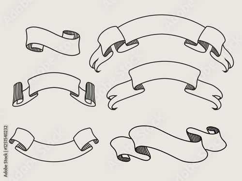 Vintage Ribbon Banner Set Hand Drawn Engraving Style