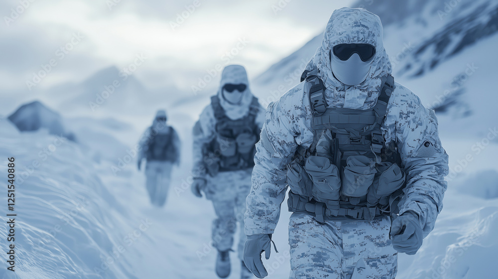 Camouflaged soldiers in snowy mountain terrain wearing white winter gear and tactical equipment, marching in overcast weather conditions Camouflaged soldiers in snowy mountain terrain wearing white winter gear and tactical equipment, marching in overcast weather conditions