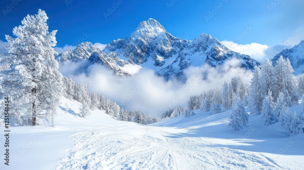 Obraz premium Snowy mountain valley, winter scene, clouds, ski tracks, postcard