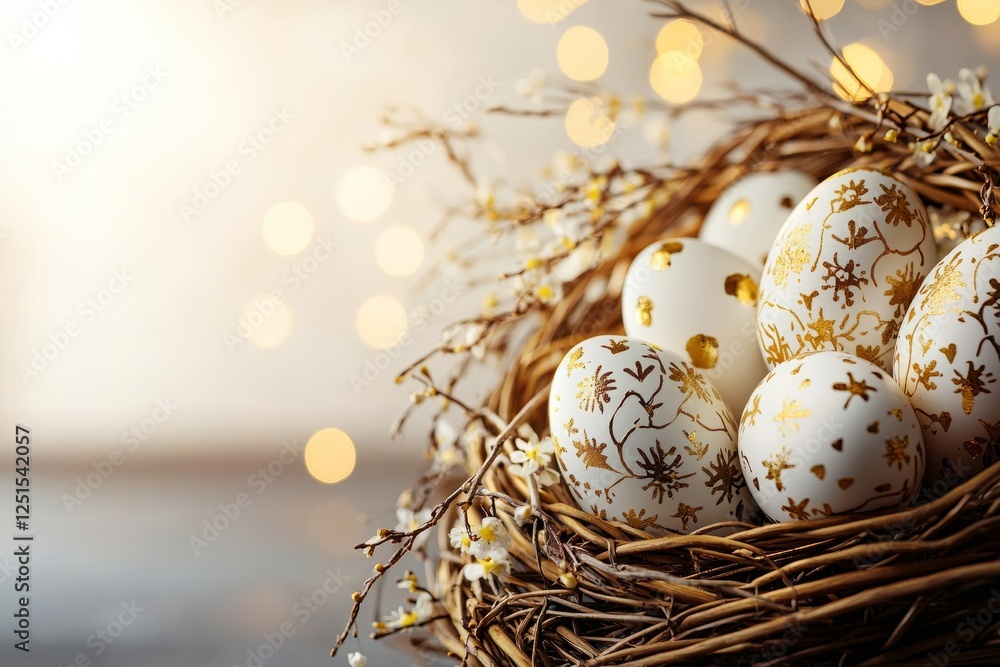 Obraz premium Decorative eggs nestled in a twigs nest, surrounded by soft glowing lights during spring season festivities