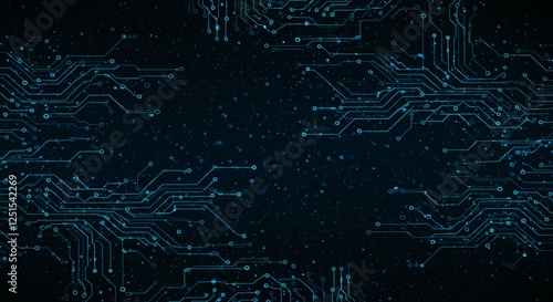 Abstract digital network circuit board background banner with glowing light and connecting data dots in blue and black colors. Big data technology concept.