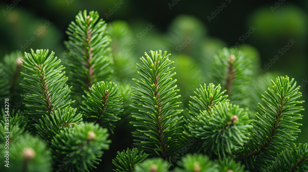 Lush evergreen pine tree branches create vibrant green backdrop, showcasing nature beauty and tranquility