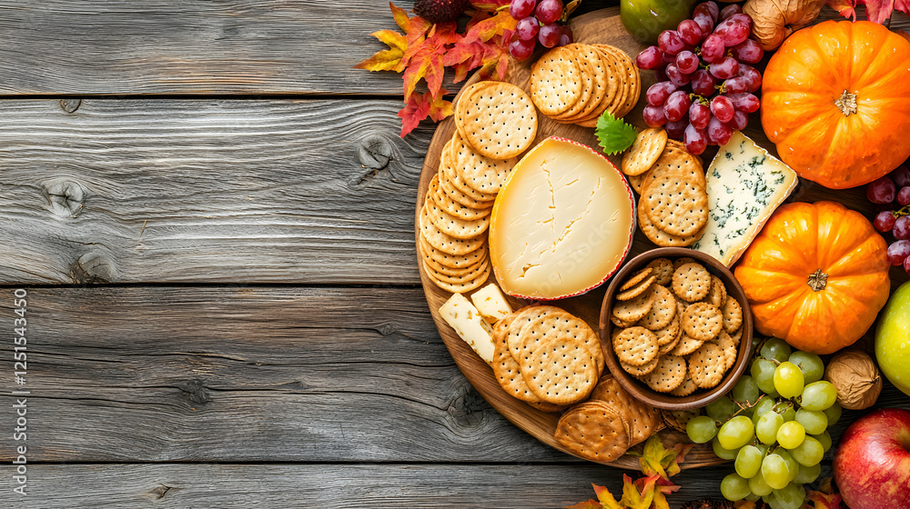 Autumn Cheese Board with Crackers, Fruits, and Pumpkins on Wooden Surface Autumn Cheese Board with Crackers, Fruits, and Pumpkins on Wooden Surface