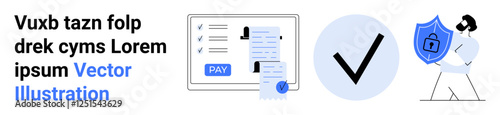 Digital payment form with pay button, checklist, approval tick, shield icon representing security. Ideal for online payment, data safety, cybersecurity, financial apps, user verification fraud