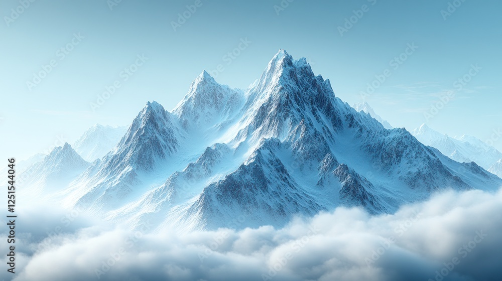 Fototapeta premium Snowy peak above clouds, serene landscape