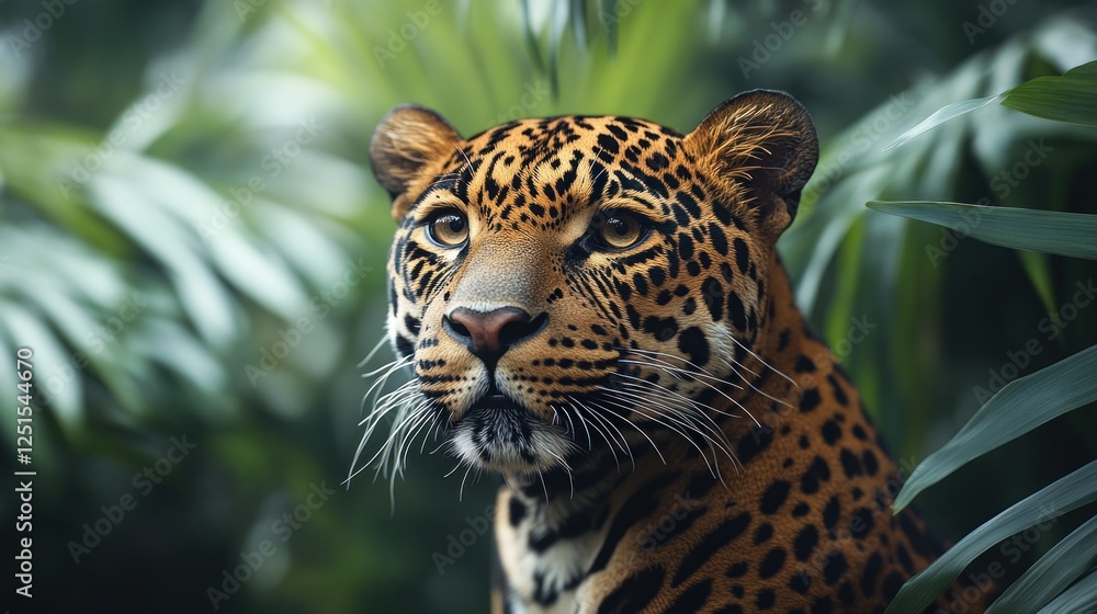 Fototapeta premium Jaguar portrait, jungle foliage, wildlife, nature, close-up