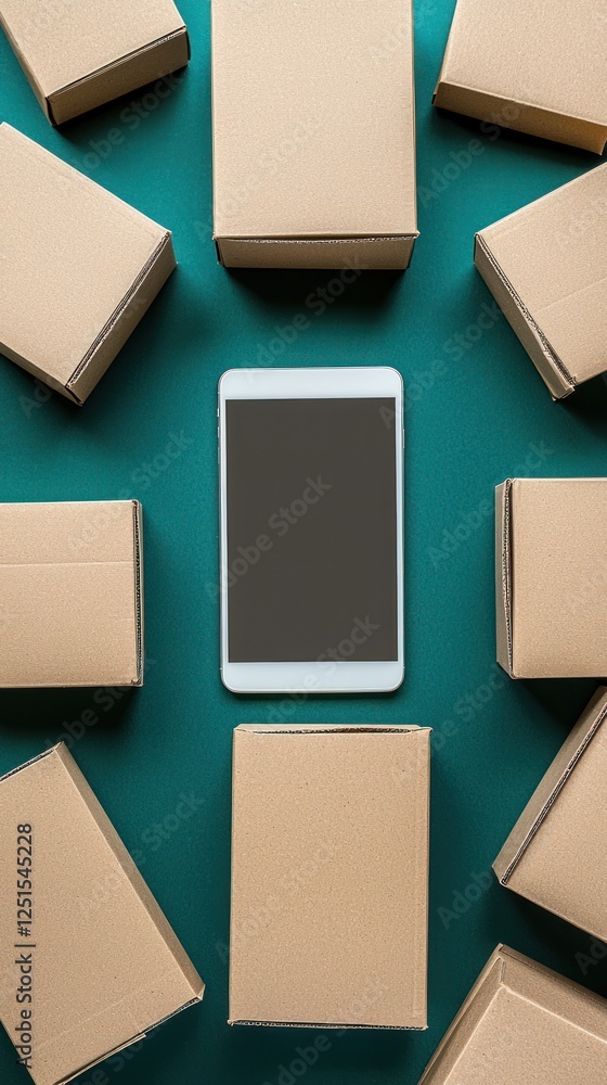 Tablet surrounded by cardboard boxes; shipping concept; teal background Tablet surrounded by cardboard boxes; shipping concept; teal background