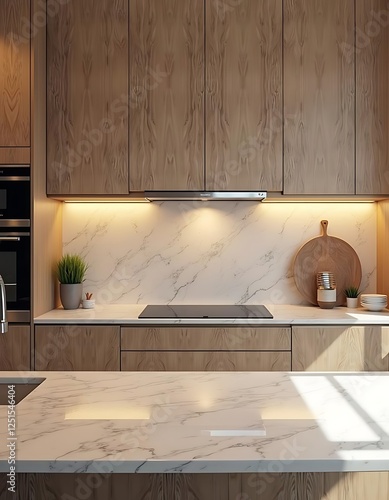 Modern kitchen design with wood cabinets and marble countertops