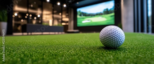 Golf ball on indoor putting green, modern lounge background, simulator screen