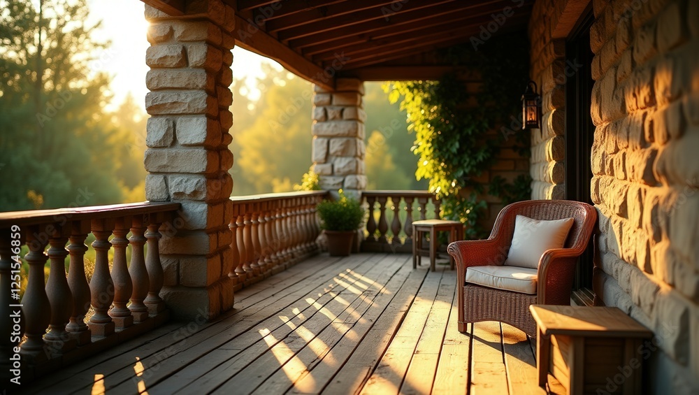 Fototapeta premium A rustic porch at sunset features wooden furniture with cushions, round table, potted plants, hanging lanterns, and string lights. Warm lighting and scenic view create a serene and inviting atmosphere