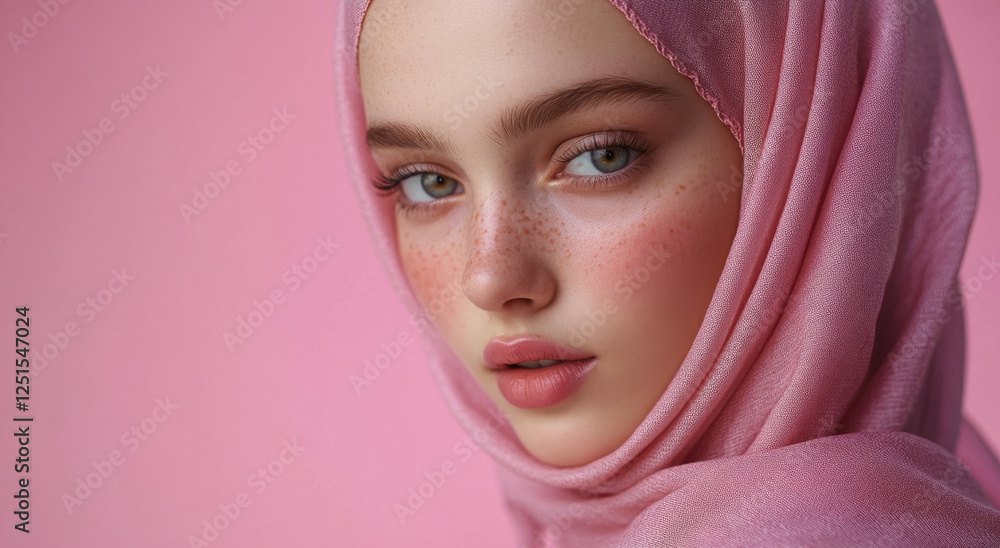 A girl wearing a pink hijab displays a serene expression, highlighting her fair skin and captivating features against a soft pink backdrop A girl wearing a pink hijab displays a serene expression, highlighting her fair skin and captivating features against a soft pink backdrop