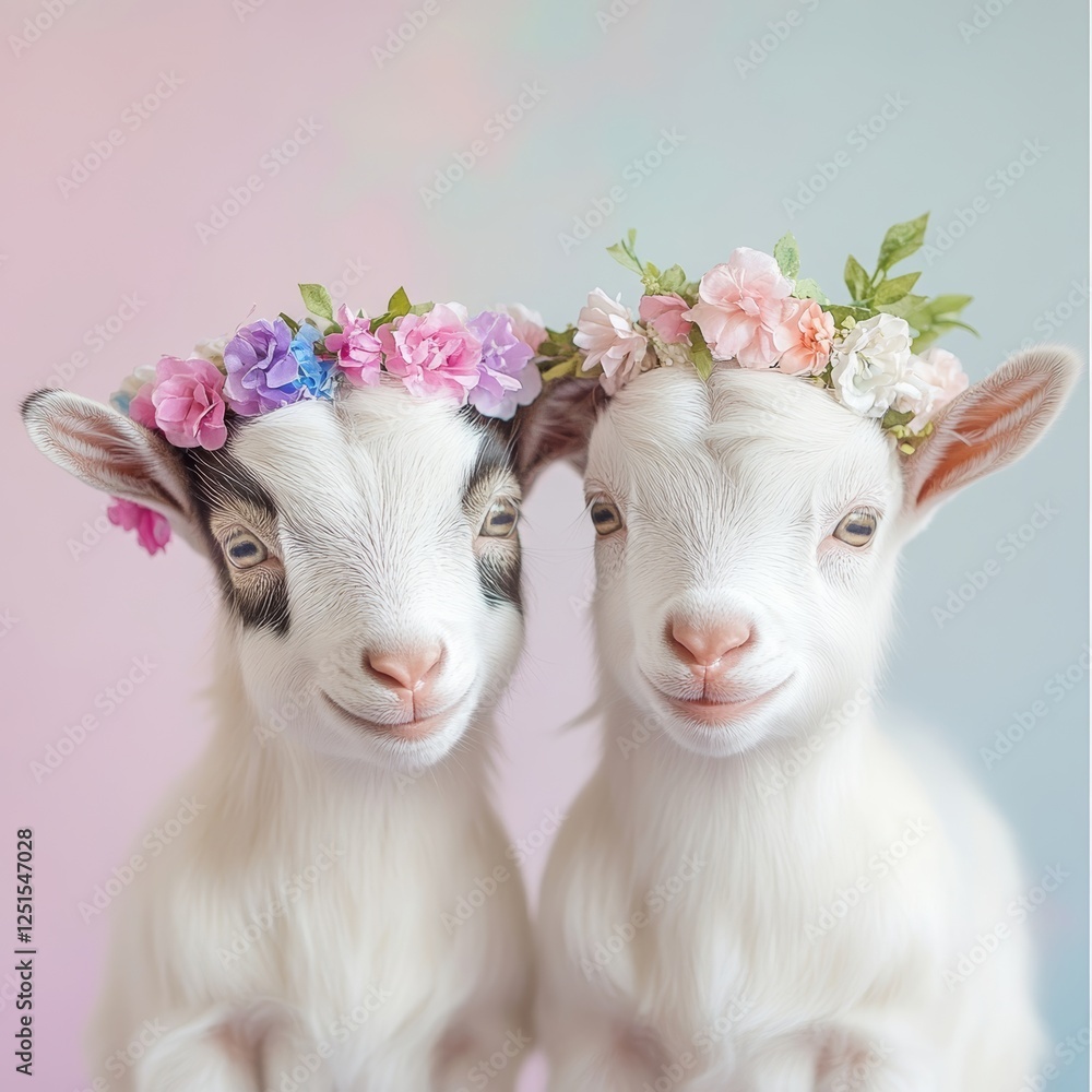 Fototapeta premium Playful goats with floral crowns pose adorably against a pastel background