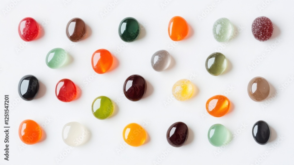 A minimalistic shot of assorted hard candies in various shapes and colors, placed neatly on a white background, focusing on their smooth textures and vivid hues. A minimalistic shot of assorted hard candies in various shapes and colors, placed neatly on a white background, focusing on their smooth textures and vivid hues.