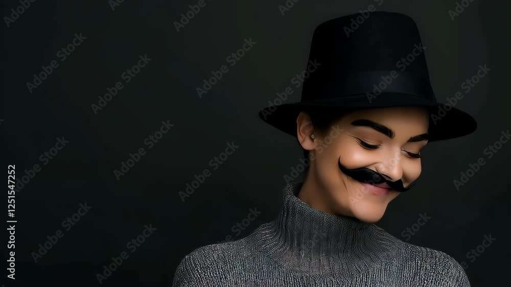 Woman in black hat and fake mustache posing on dark background with copy space. Concept of depilation or waxing procedure. Face and skin care. Waxing or laser hair removal, shaving Woman in black hat and fake mustache posing on dark background with copy space. Concept of depilation or waxing procedure. Face and skin care. Waxing or laser hair removal, shaving