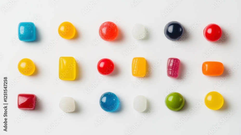 A minimalistic shot of assorted hard candies in various shapes and colors, placed neatly on a white background, focusing on their smooth textures and vivid hues. A minimalistic shot of assorted hard candies in various shapes and colors, placed neatly on a white background, focusing on their smooth textures and vivid hues.