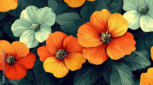 Wallpaper Mural Groovy Vibrant Retro Flower Pattern with Bold Orange Accents for a Vintage Appeal Torontodigital.ca