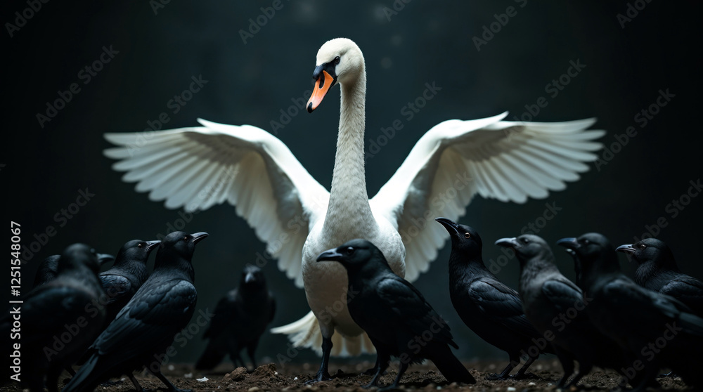Fototapeta premium Majestic White Swan Amidst Black Crows