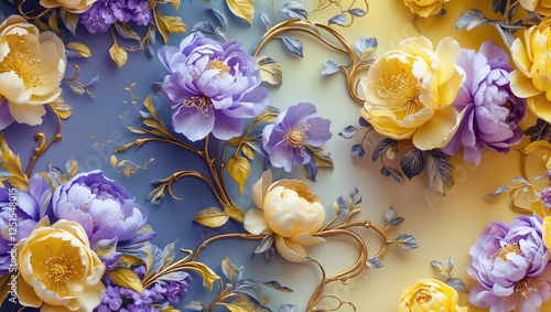 Fototapeta Naklejka Na Ścianę i Meble -  Wallpaper design, intricate floral pattern, various shades of yellow, violet. Delicate lilac, rose, peonies intertwine with swirling vines and leaves, soft gradient background. Flower luxury pattern