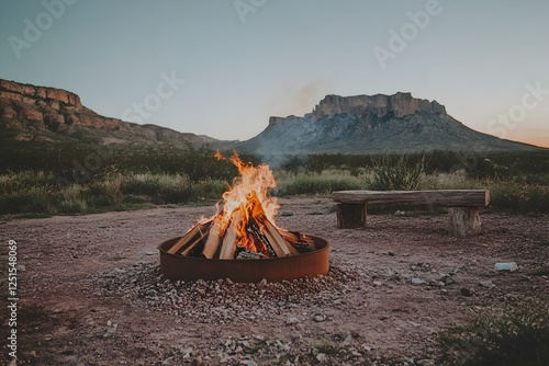 Campfire Burning Brightly in a Desert Landscape with Mountain Views