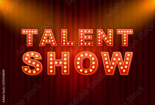 Talent show illuminated by spotlights on red curtain