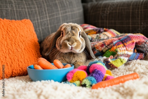 rescued rabbit on a soft bed