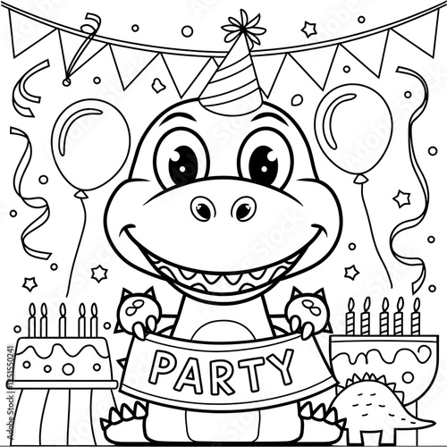 A black and white coloring page featuring a cartoon dinosaur wearing a party hat, surrounded by birthday party decorations like balloons, streamers, and a banner that says 