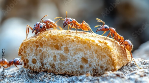 Red ants feasting on breadcrumb in outdoor setting photo