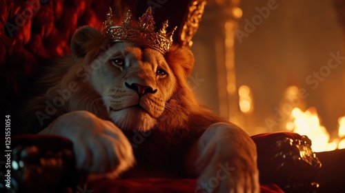 Crowned lion throne fire background photo