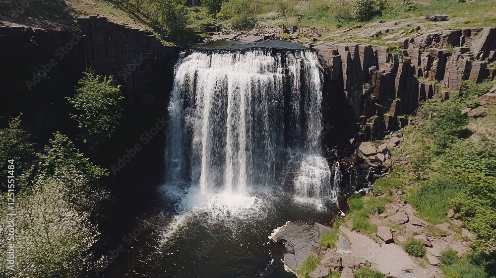 Fototapeta premium Waterfall cascading down rocky cliffs, lush greenery surrounds. Scenic landscape. Potential use Nature photography