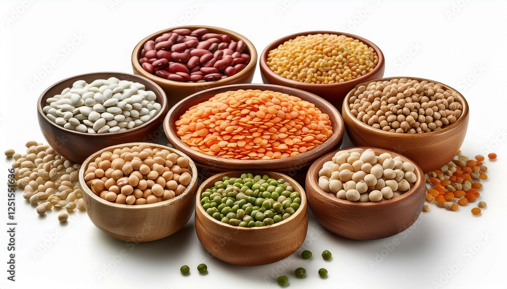 various pulses like lentils, beans, peas, chickpeas and soybeans isolated over a white background various pulses like lentils, beans, peas, chickpeas and soybeans isolated over a white background