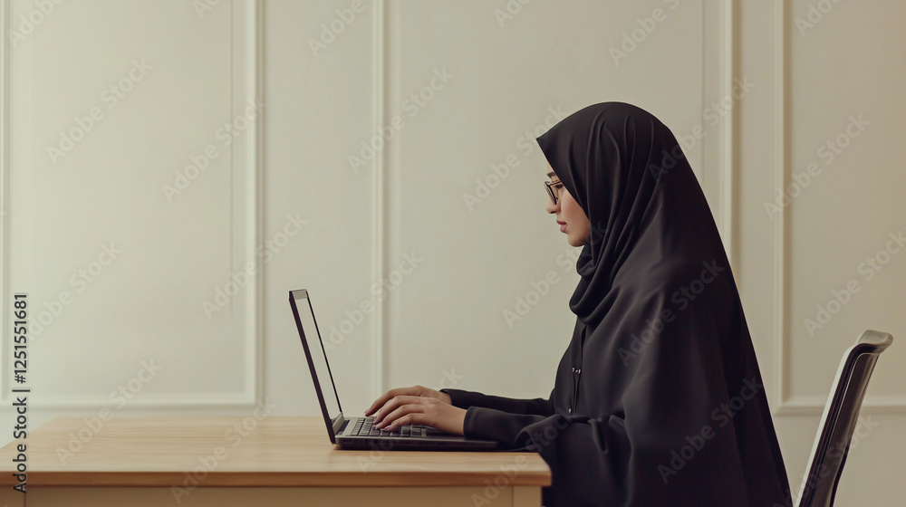 Young arab female employee in traditional outfit working at the table in office Young arab female employee in traditional outfit working at the table in office