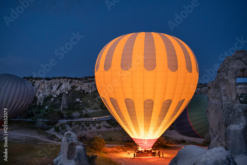 Travel and tourism by Turkey. Famous sightseeing Cappadocia. Lights of air balloons