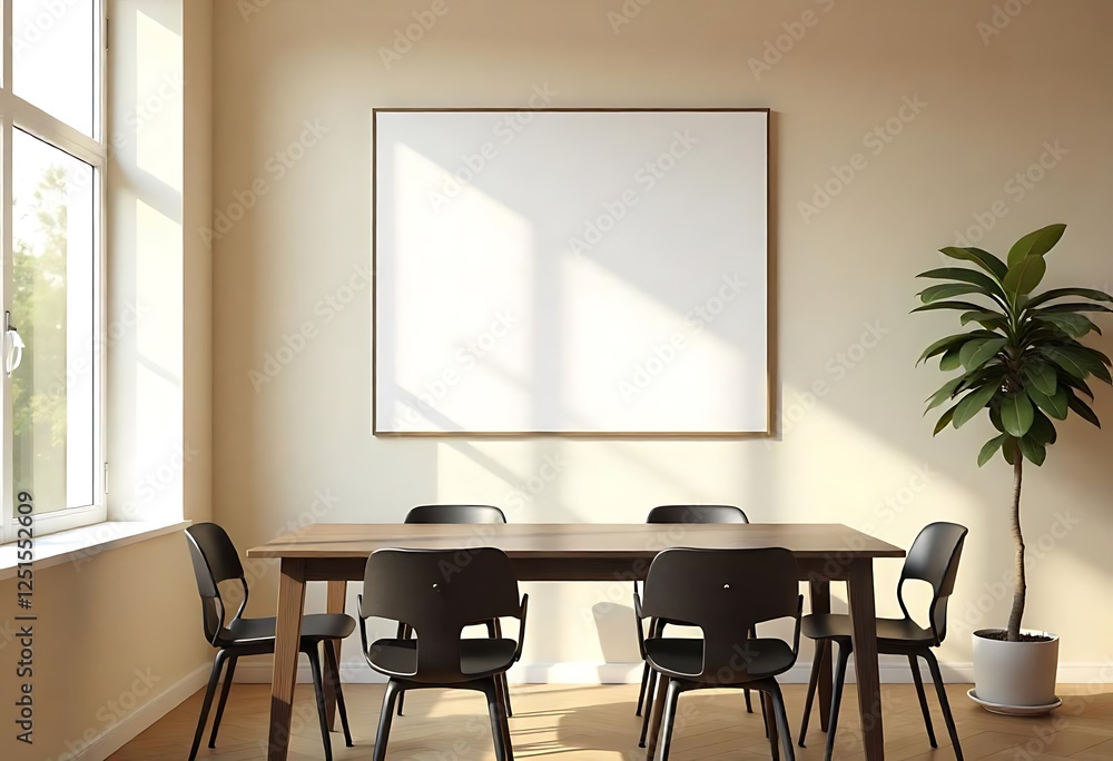 Modern Dining Room With Blank Wall Art And Wooden Table Modern Dining Room With Blank Wall Art And Wooden Table